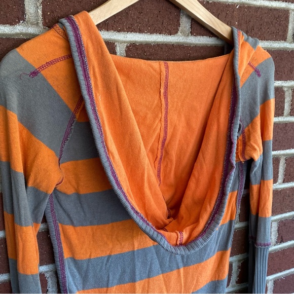 Free People Orange & Grey Striped Long sleeve w/ Oversized Hood Size XS - Picture 5 of 14